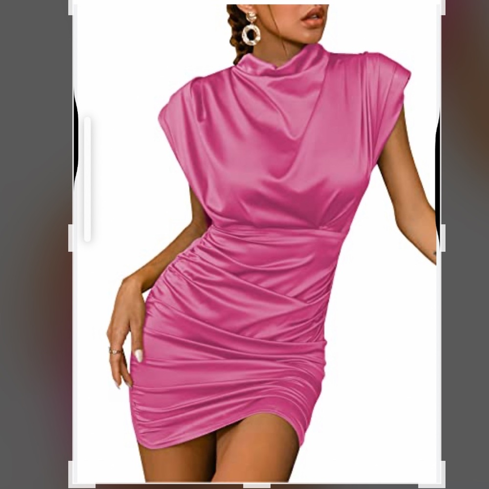 🌸. #1837.   Pink Ruched Bodycon Mini Dress with Cowl Neck